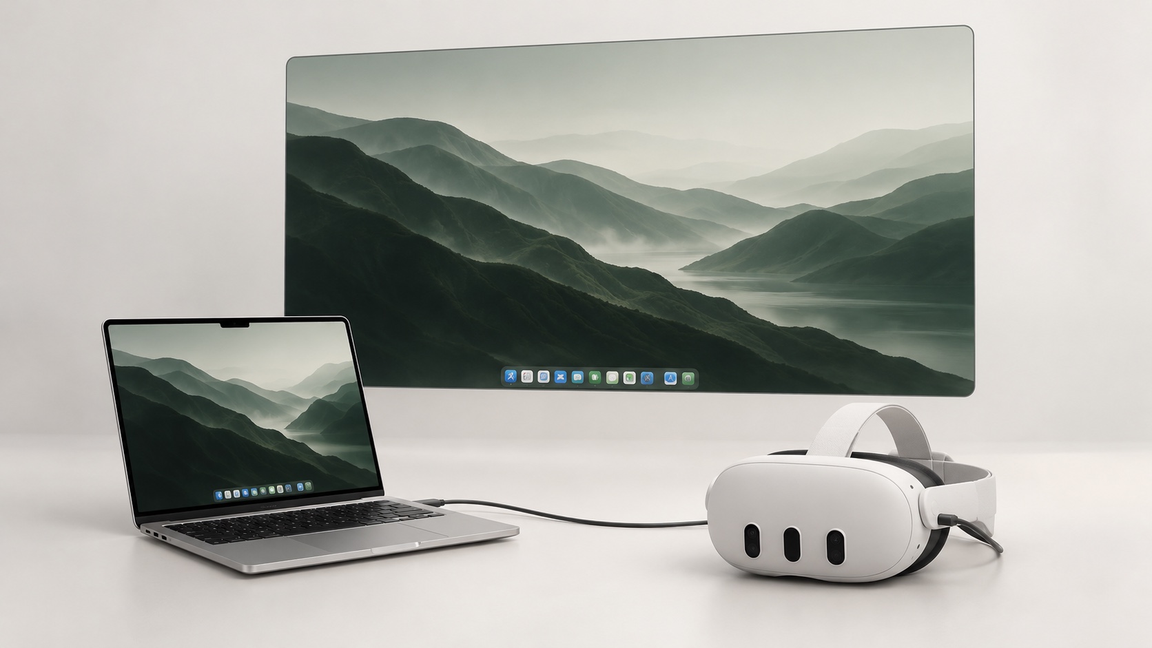 Mac Portal concept: a silver Mac laptop connected by cable to a white Meta Quest 3, with a large virtual Mac display above them.